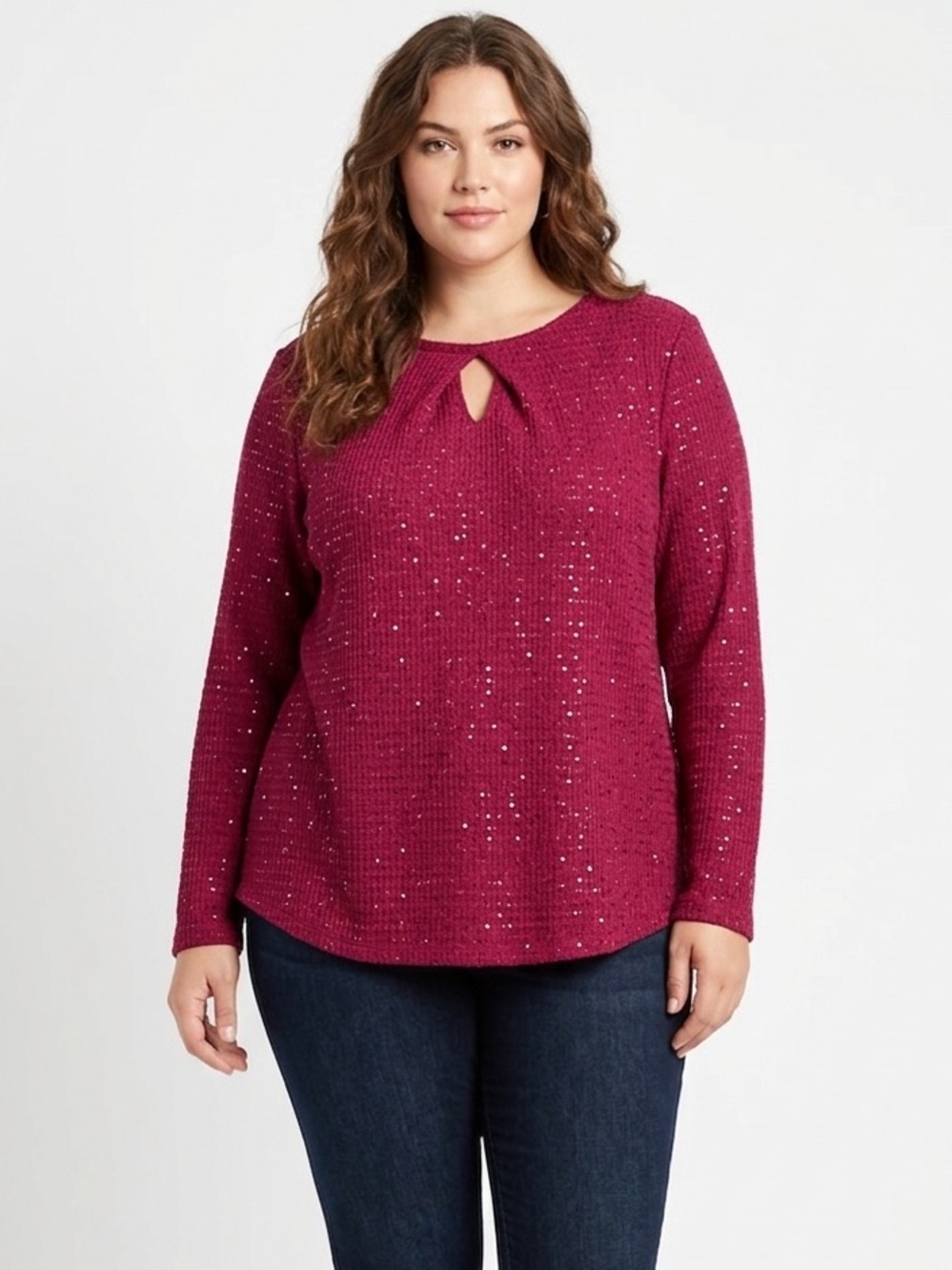 Ruby Rd. Textured Long-Sleeve Keyhole Sweater - Raspberry - Picture 1 of 4